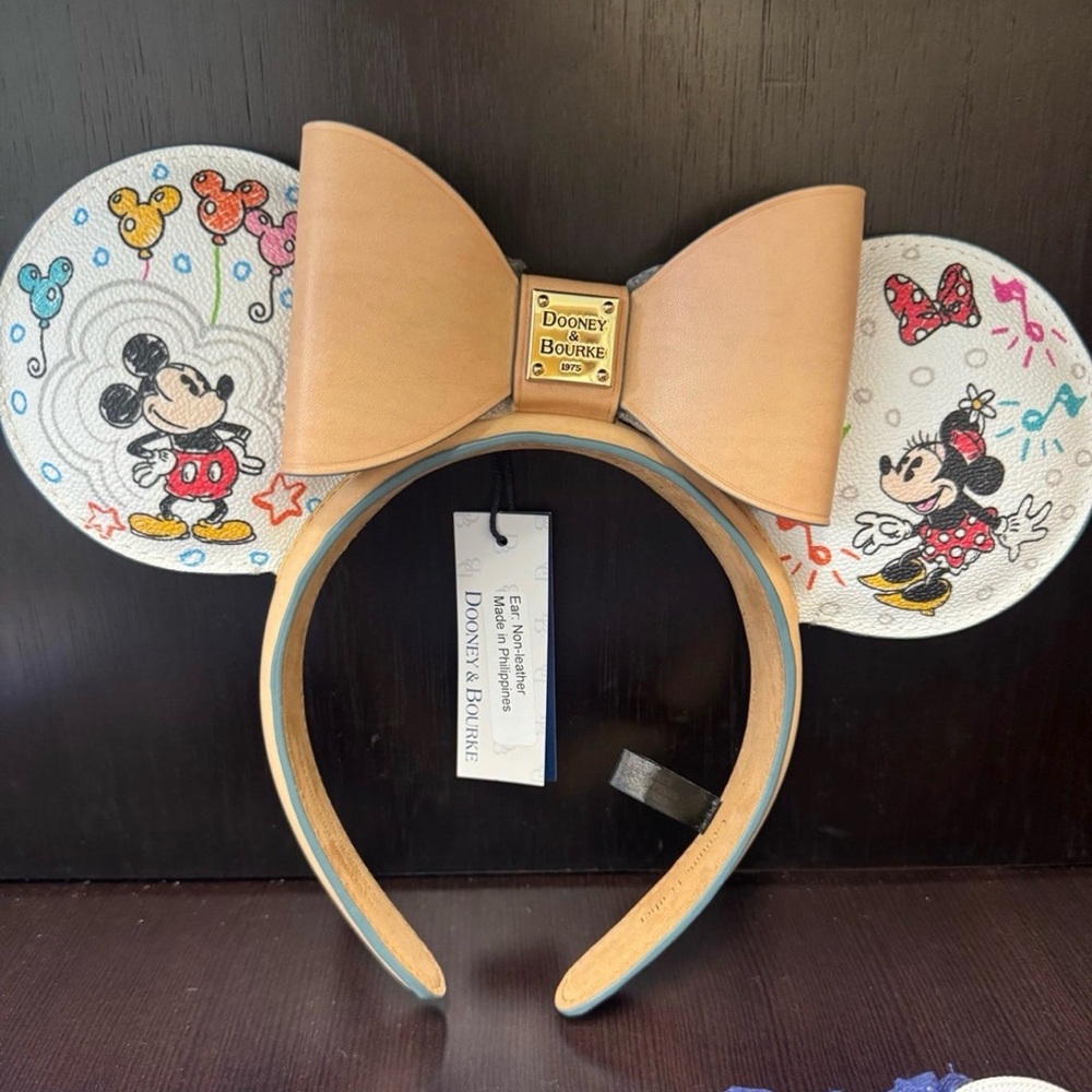 NWT Dooney & Bourke Disney Sketch Mickey Minnie Mouse Tan Leather Ear Headband